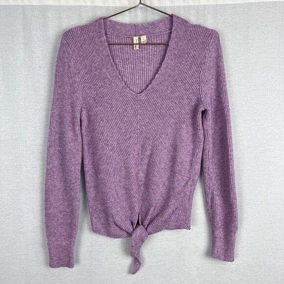 Anthropologie Sweater Purple Pointelle Tie Front Pullover Feminine Cozy Fall - Picture 2 of 7